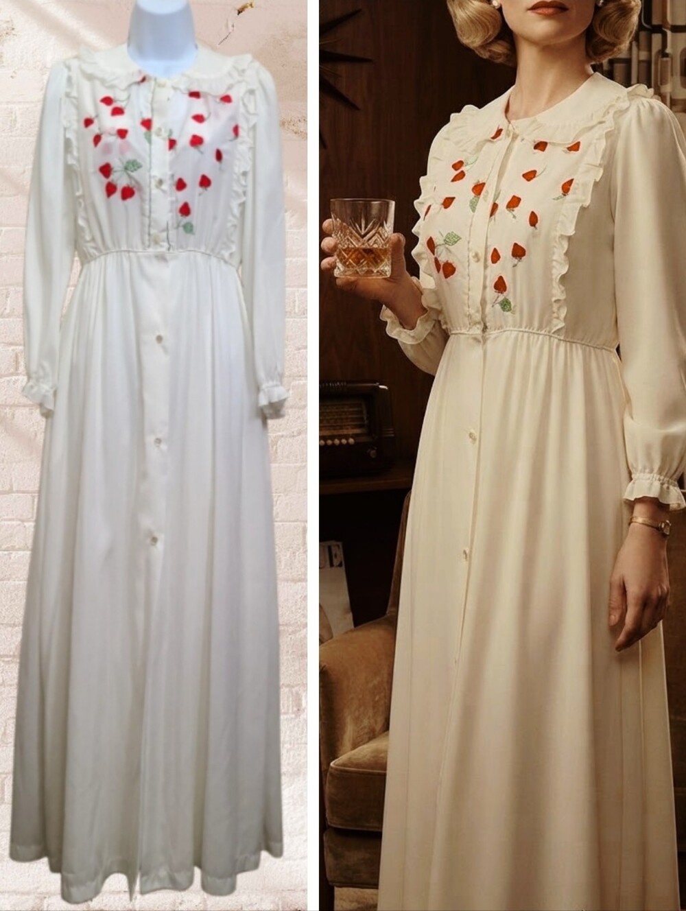 VTG Odette Barsa 2-Piece Lounge Set Cream with Strawberry Embroidery